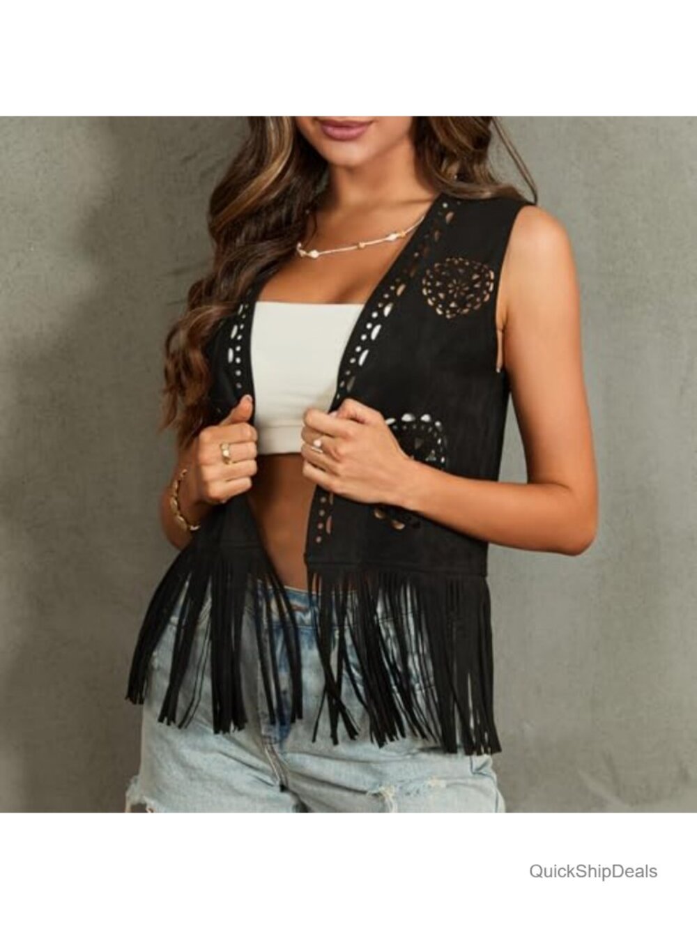 Faux Suede Fringe Vest Tassels Open Front 70s Hippie Cowgirl Layering - Picture 2 of 3